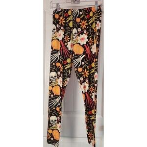 Lildy Super Soft Black Leggings L-XL Halloween Skeleton Floral Design